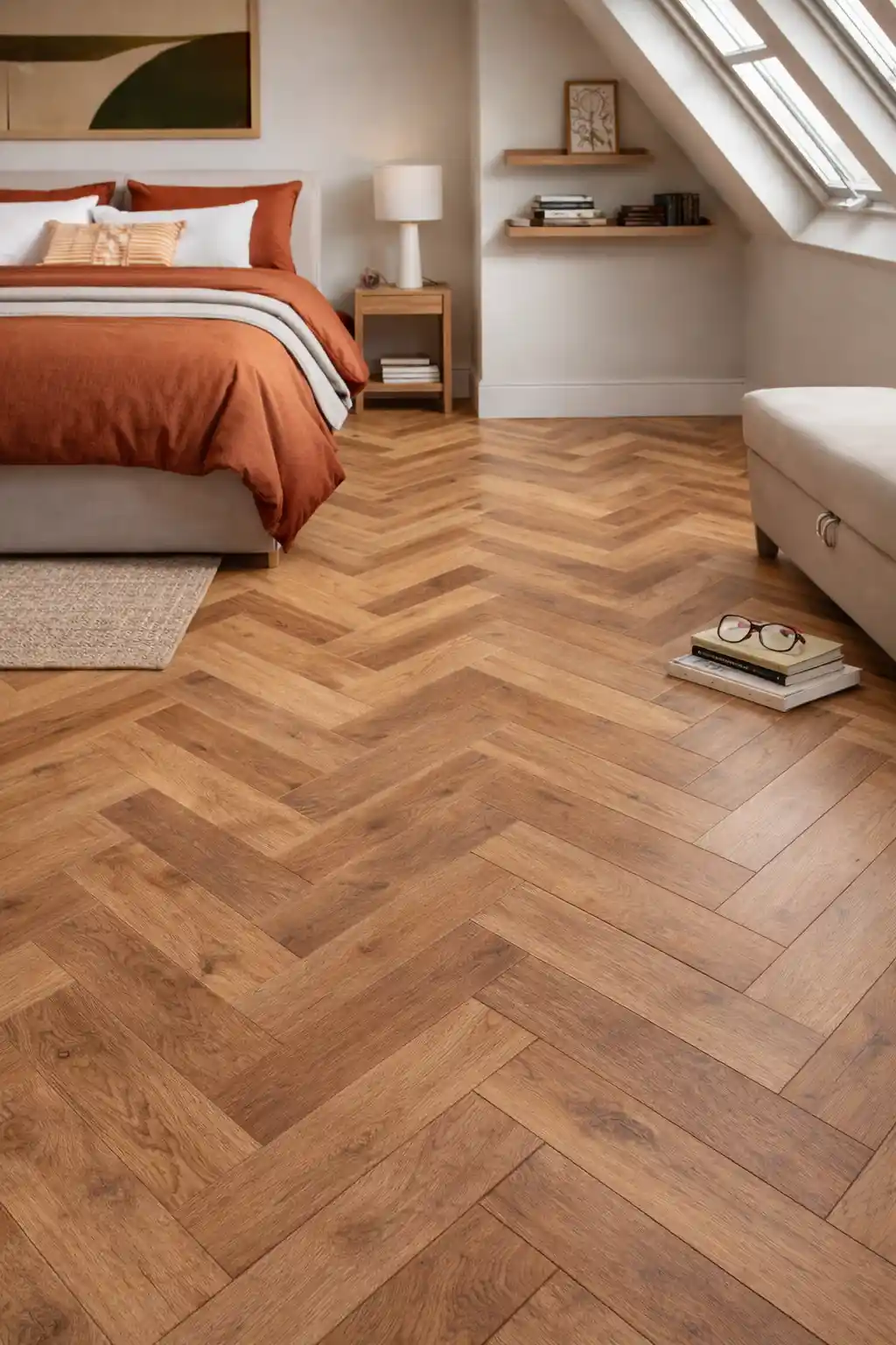 Herringbone laminate flooring in a modern bedroom – flooring Liverpool