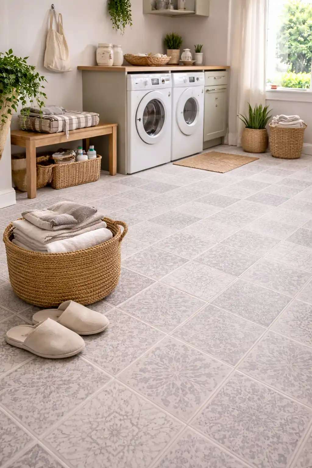 Patterned vinyl flooring in a modern laundry room – flooring Liverpool